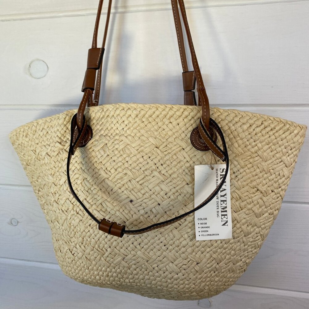 Saks Fifth Avenue Natural Straw Tote with Brown Leather Straps - Picture 5 of 11